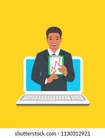 Online business coaching concept. Vector flat illustration. Black man business coach on computer monitor holds graphic of money growth. Business training on internet. Marketing strategy presentation