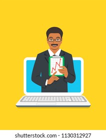 Online business coaching concept. Vector flat illustration. Black man business coach on computer monitor holds graphic of money growth. Business training on internet. Marketing strategy presentation