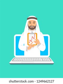 Online business coaching concept. Vector flat illustration. Young arab man business coach on computer monitor holds graphic of money growth. Business training on internet. Marketing strategy