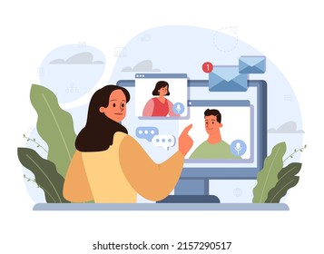 Online business communication concept. Characters with smart digital technologies. Video conferencing, emailing through device with internet connection. Flat vector illustration