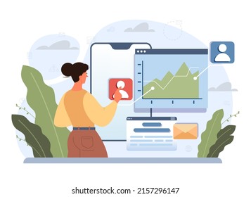 Online business communication concept. Characters with smart digital technologies. Video conferencing, emailing through device with internet connection. Flat vector illustration