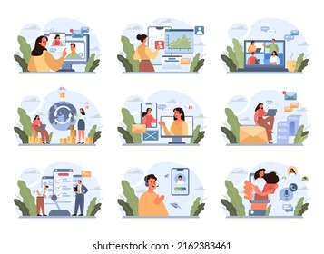 Online business communication concept set. Characters with smart digital technologies. Video conferencing, emailing through device with internet connection. Flat vector illustration