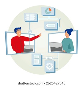 Online business communication and remote work process concept. Boss, manager giving tasks and feedback about project to employe.
