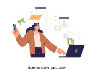 Online business communication via e mail, chats, messages. Employee with laptop and mobile phone, uses internet, email, virtual correspondence. Flat vector illustration isolated on white background