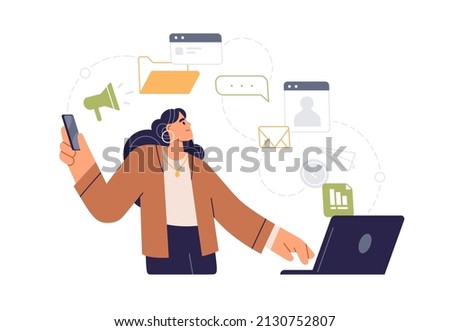 Online business communication via e mail, chats, messages. Employee with laptop and mobile phone, uses internet, email, virtual correspondence. Flat vector illustration isolated on white background
