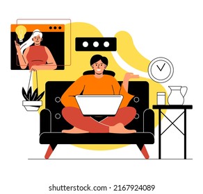 Online business communication. Young girl with laptop sit on sofa. Freelancer working on project, remote employee and comfortable workplace. Online earnings. Cartoon flat vector illustration