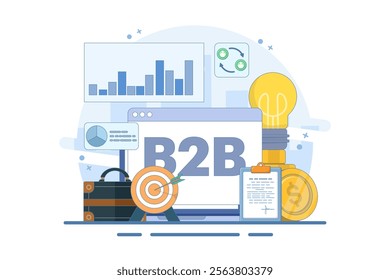 Online business concept between businesses. Successful business collaboration. Businessmen make deals. Marketing strategy, trade. Modern flat cartoon. Flat vector illustration on background.