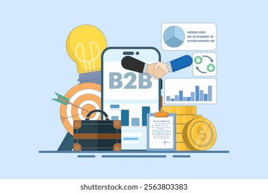Online business concept between businesses. Successful business collaboration. Businessmen make deals. Marketing strategy, trade. Modern flat cartoon. Flat vector illustration on background.