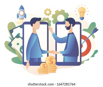 Online business concept. Global cooperation on the Internet. Tiny people conclusion of the transaction. Business handshake via smartphone. Modern flat cartoon style. Vector illustration 