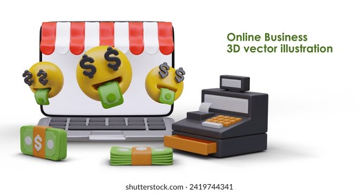 Online business concept. Poster with cash machine, realistic laptop