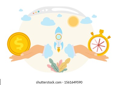 Online business concept. Online startup - quick project implementation. Quickly come up with a business idea. Idea of internet activity in cartoon style. Vector illustration.