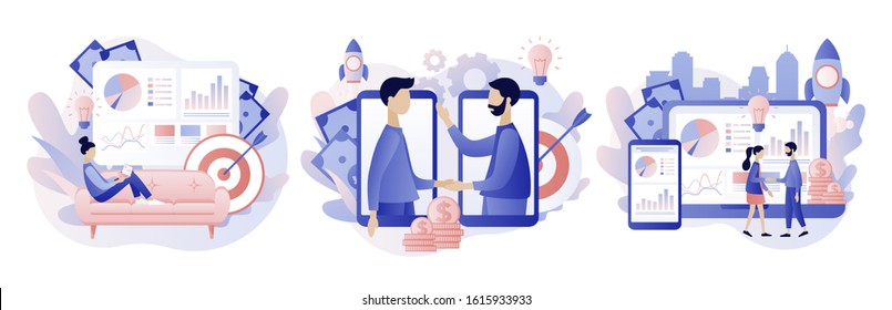 Online business concept. Tiny people conclusion of the transaction. Global cooperation on the Internet. Modern flat cartoon style. Vector illustration on white background