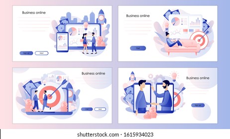 Online business concept. Tiny people conclusion of the transaction. Screen template for mobile smart phone, landing page, template,ui,web, mobile app, poster, banner, flyer. Modern flat cartoon vector