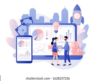 Online business concept. Tiny people conclusion of the transaction. The opening of a new startup. Global cooperation on the Internet. Modern flat cartoon style. Vector illustration on white background