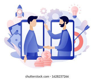 Online business concept. Tiny people conclusion of the transaction. Business handshake via smartphone. Global cooperation on the Internet. Modern flat cartoon style. Vector illustration 
