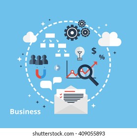 Online business concept. Vector illustration. Flat design with icons of clients, analytics, e-commerce and business process.
