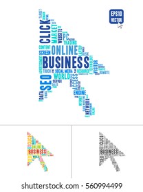 Online business concept with word cloud in cursor shape 