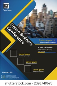 Online business conference A4 layout, flyer design temple, blue and yellow color editing background, design vector template 