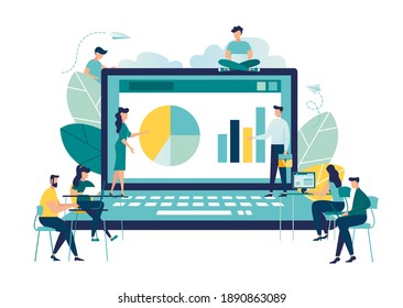 Online business conference, creative illustrations, businessmen, online joint meeting, team thinking and brainstorming, company information analytics vector, vector illustration