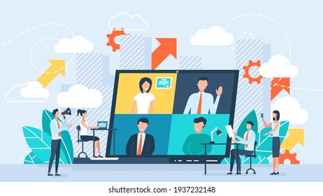 Online business conference, creative illustrations, businessmen, online joint meeting, team thinking and brainstorming, company information analytics vector, vector illustration