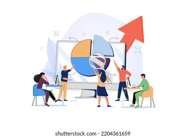 Online Business Conference, Creative Illustrations, Businessmen, Online Joint Meeting, Team Thinking And Brainstorming, Company Information Analytics Vector, Vector Illustration. Zoom Call, Business