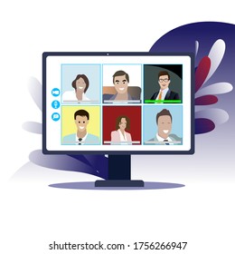 Online business conference in isolation period. Webinar conference communication, business video meeting screen, team work online using modern soft. Vector illustration