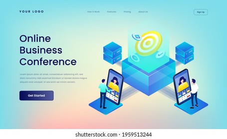 Online Business Conference Landing Page Template with Gradient Background and Isometric 3d Vector Illustration Desktop Web User Interface