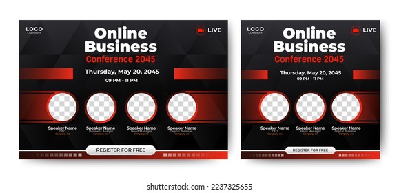 Online Business Conference live webinar banner invitation and social media post template. Abstract Black background cover. Business webinar invitation design.	