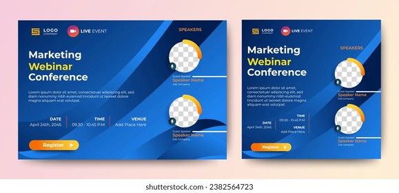 Online Business Conference live webinar banner invitation and social media post template design. Business webinar, business workshop, marketing program, job fair, online class meeting banner design.