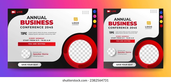 Online Business Conference live webinar banner invitation and social media post template design. Business webinar, business workshop, marketing program, job fair, online class, meeting banner design.