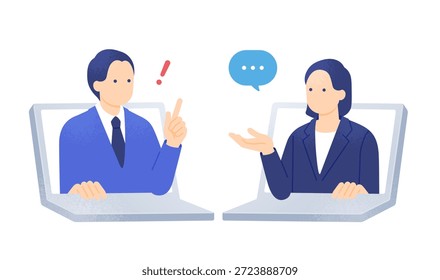 Consultoria de negócios on-line e conceito de solução de problemas. Mulher dando conselhos a um homem tendo uma inspiração ou momento eureka através da tela do laptop. Ilustração vetorial.