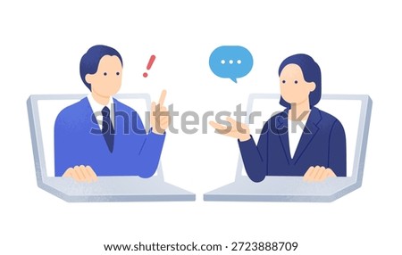 Online business consultation and problem solving concept. Woman giving advice to a man having an inspiration or eureka moment via laptop screen. Vector illustration.