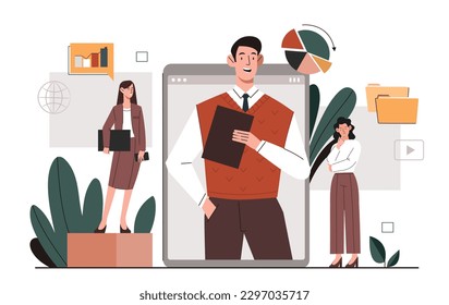 Online business consulting concept. Man with tablet on smartphone screen communicates with girls. Analyst showing charts to entrepreneurs, doing marketing research. Cartoon flat vector illusstration