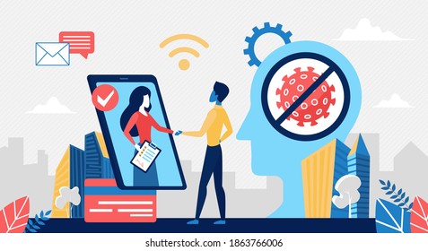 Online business contract concept vector illustration. Cartoon business partner people shake hands through smart phone screen, successful partnership teamwork during quarantine lockdown, background
