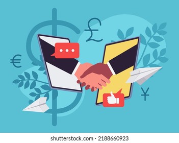 Online business deal, screen handshake to start and grow profitable e-commerce marketplace, businessmen agreement developing sales, digital marketing opportunity application. Vector illustration