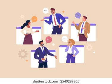 Online Business Discussion Concept. Vector illustration of diverse people in web pages windows leading discussion. Isolated on background