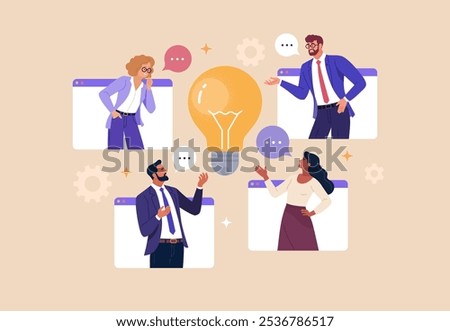 Online Business Discussion Concept. Vector illustration of diverse people in web windows discussing an idea. Isolated on background 