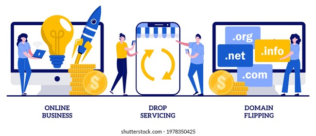 Online business , drop servicing, domain flipping concept with tiny people. Business opportunity, outsource, drop shipping, web hosting, social media sales, promotion abstract vector illustration set.