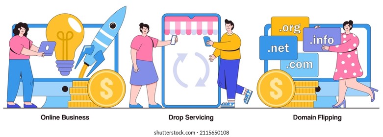 Online business , drop servicing, domain flipping concept with tiny people. Business opportunity, outsource, drop shipping, web hosting, social media sales, promotion abstract vector illustration set.