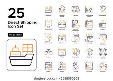 Online Business and Drop Shipping. Storefront, Payment Processing, and Logistics. Vector Illustration. Oultine duo tone icon set