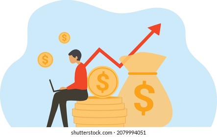 Online Business Earning, Man Making Money And Profit From Online Working Vector Illustration