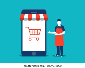 Online Business And E-commerce Concept. Shop Owner Standing Next To His Shop. Flat Vector Illustration.