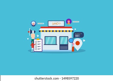 Online business, E-commerce shopping, market place, business reputation - flat design vector banner with icons and characters