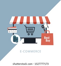 Online business, E-commerce shopping, market place, business reputation - flat design vector banner. Concept of line icon