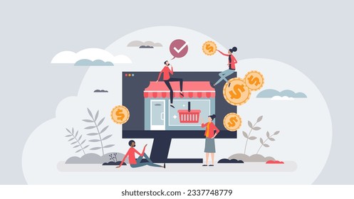 Online business as ecommerce shopping business model tiny person concept. Sell products on internet using website and digital payment systems vector illustration. Retail company with web shop service