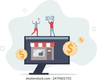 Online business as ecommerce shopping business model.Sell products on internet using website and digital payment systems.flat illustration.