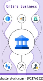 online business editable infographic template with icons of video call, bank, scale, lock, information, tools, network
