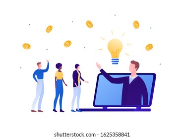 Online Business Education Concept. Vector Flat Person Illustration. Male Teacher In Suit At Laptop Computer Screen With Money And Light Bulb. Design Element For Banner, Poster, Infographic, Background