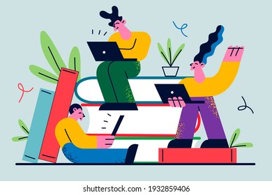 Online business education and learning concept. Business team people workers cartoon characters sitting on large heap of books and working on laptops learning new information vector illustration