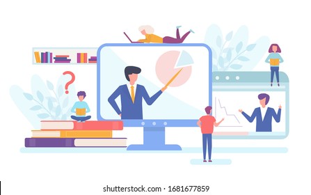 Online business educational concept people training and learning, computer sqreen with teacher or trainer, books and tiny people flat vector illustration. Online business school, educational project.